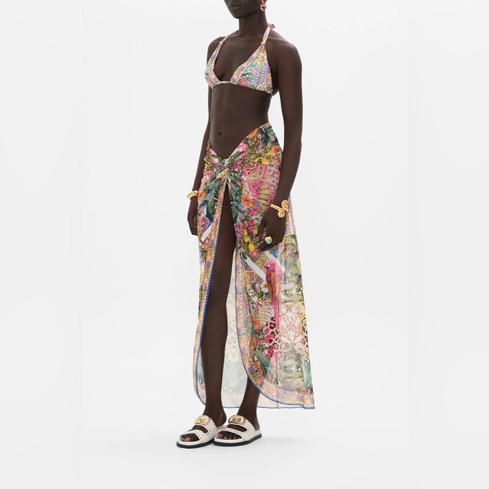 Camilla “Flowers of Neptune” sheer long twist front boho swim coverup skirt M - Picture 3 of 10